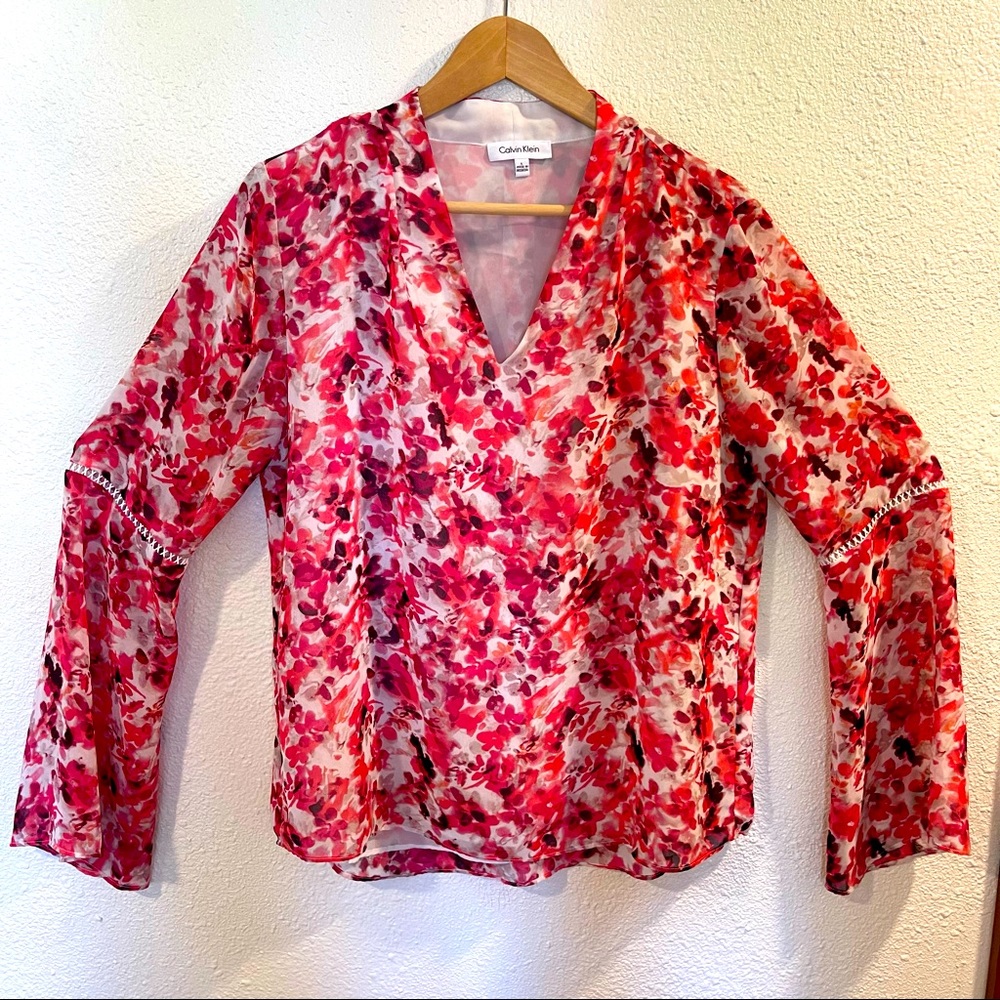 Large, floral, Calvin Klein , pink and white spring blouse